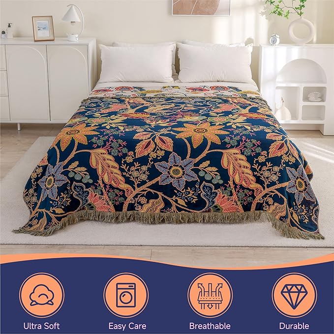 Boho Cotton Throw Blanket - Ultra-Soft Rustic Quilt for Bed, Home Decor & Travel - Large 90"x98" Muslin Blanket - All-Season Lightweight Bedspread & Throw for Women & Moms-Ruum Studio Home