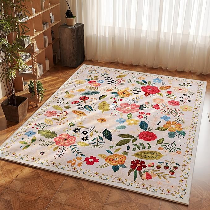 Bedroom Rug 3x5 Rug Washable Area Rug Non Slip Low Pile Boho Floral Small Carpet for Bedroom, Bedside, Kitchen, Entryway, Kids Room, Office, College Dorm Essentials for Girls(Beige)-Ruum Studio Home