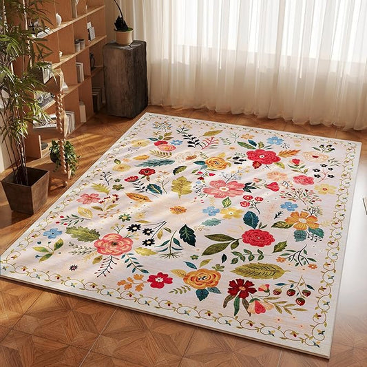 Area Rug 4x6 Rug Washable Boho Rugs Non Slip Low Pile Floral Small Carpet for Bedroom, Bedside, Kids Room, Office, Dining Room(Beige)-Ruum Studio Home