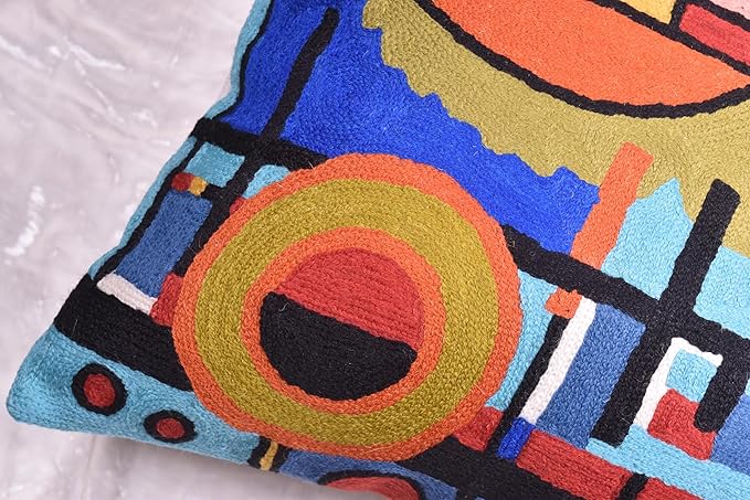 Kandinsky Upwards Abstract Pillow Cover Blue Decorative Throw Pillowcase Modern Chair Cushion Contemporary Accent Pillowsham Couch Handembroidered Wool Size 18x18-Ruum Studio Home
