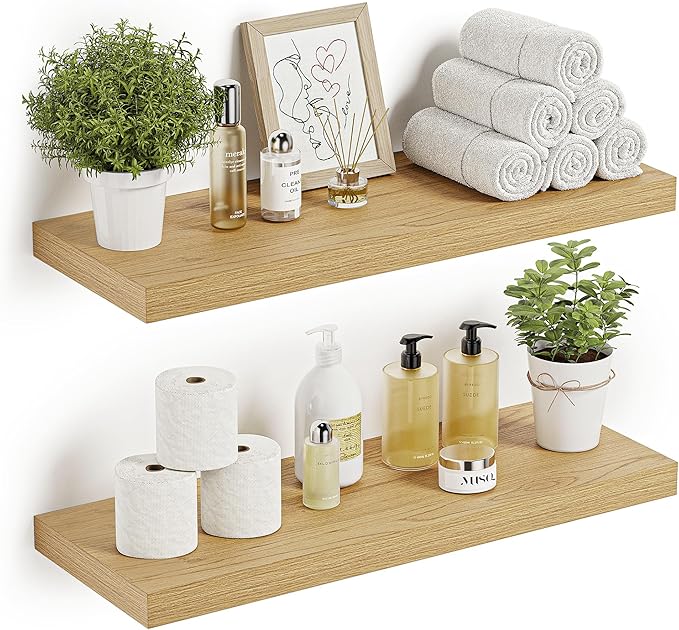 Floating Shelves for Wall 24 inchs Long, 9.2” deep x 1.5” Wall Shelf for Bedroom, Bathroom, Living Room, Kitchen, Office Home Decor, Deep Wood Shelves with Invisible Brackets, Set of 2, Oak-Ruum Studio Home