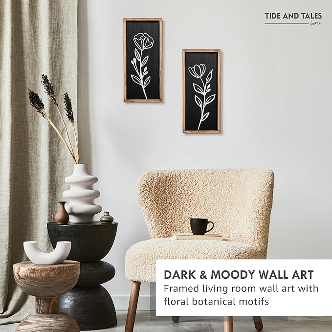 3D Vintage Black Living Room Decor (Set of 2) Lightweight, Wooden Ready-to-Hang Framed Moody Floral Wall Art for Bathroom, Bedroom or Office - Dark Textured Boho Farmhouse Wall Decor - Gift-Boxed-Ruum Studio Home