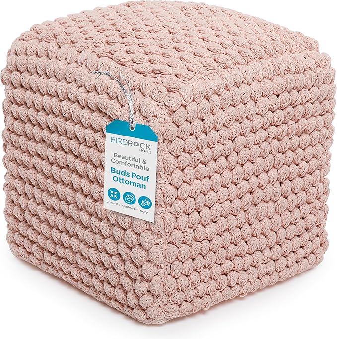 BIRDROCK HOME Buds Pouf Foot Stool Ottoman - Knit Bean Bag Floor Chair - Cotton Braided Cord - Great for The Living Room, Bedroom and Kids Room - Small Furniture (Dusty Rose - Buds)-Ruum Studio Home