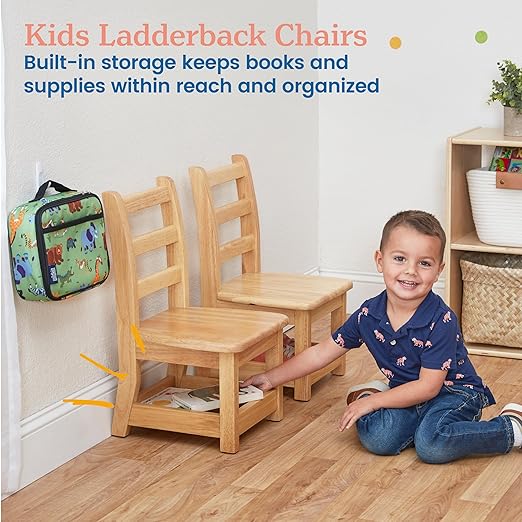 ECR4Kids Three Rung Ladderback Chair with Storage, 10in Seat Height , Classroom Seating, Honey, 2-Pack-Ruum Studio Home