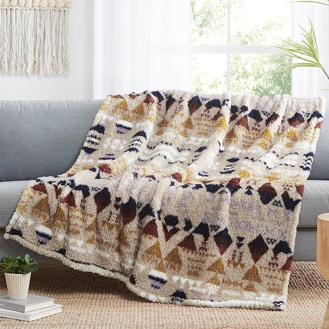 CASAAGUSTO Boho Sherpa Throw Blanket, Aztec Throw Blanket, Ultra Soft, Warm, Cozy, Plush, Thick Fleece Bohemian Blanket for Couch, Bed, Sofa (Khaki 50 * 60 Inch)-Ruum Studio Home