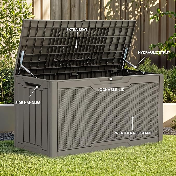 YITAHOME 80 Gallon Resin Deck Box, Weather Resistant Outdoor Rattan Storage Box, Lockable Indoor Outdoor Storage for Supplies and Essentials, Taupe-Ruum Studio Home
