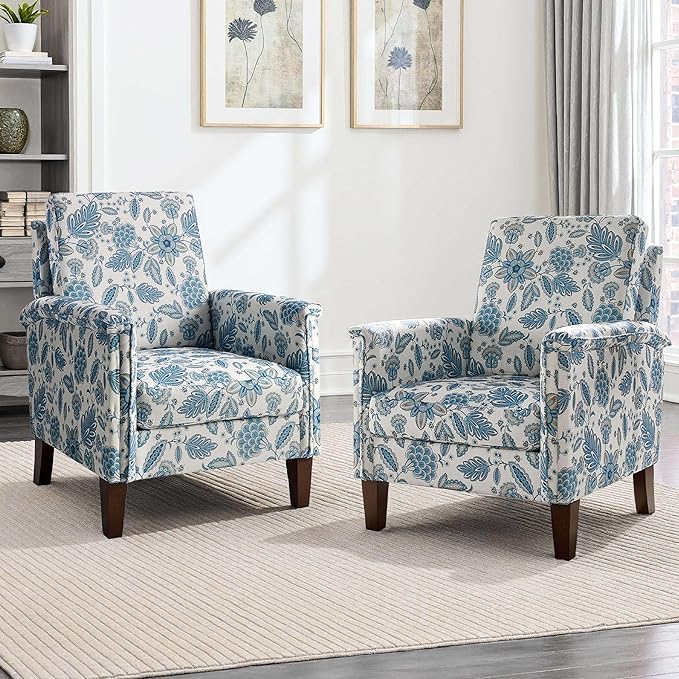 Floral Accent Chair Set of 2, High Back Upholstered Armchair with Solid Wooden Legs, Padded Armrest and Removable Comfortable Cushioned Seat Single Sofa for Living Room, Bedroom, Blue-Ruum Studio Home