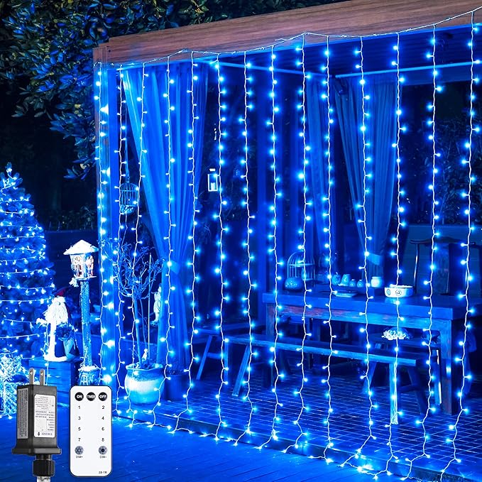 JMEXSUSS 300LED Christmas Curtain Lights, Blue Christmas Lights with Remote, Blue String Lights for Bedroom Wall Window Backdrop Garden Indoor Outdoor Patio Yard Porch Decorations, 9.8x9.8ft-Ruum Studio Home