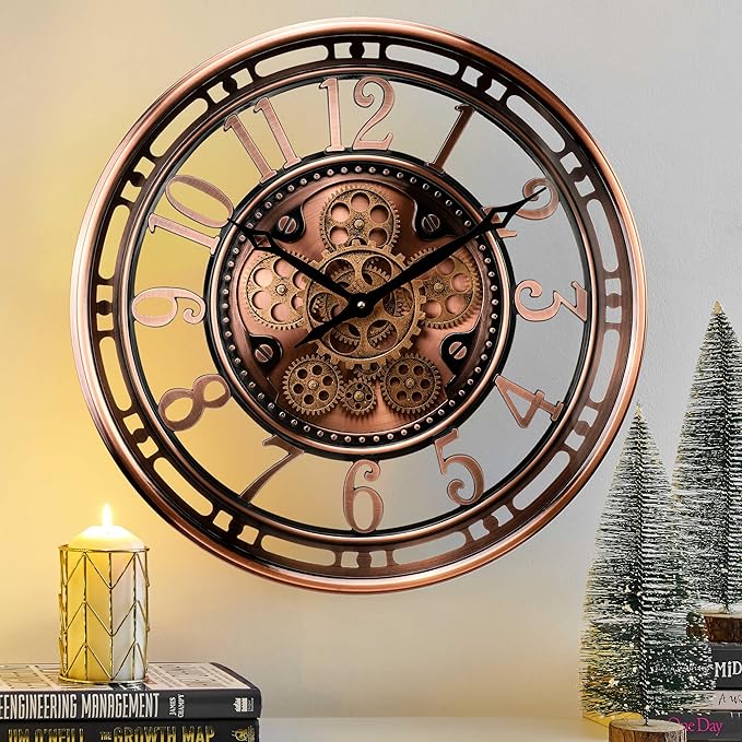 CLXEAST 21 Inch Moving Gear Wall Clock for Modern Farmhouse Living Room Decor,Large Industrial Steampunk Wall Clock for Home Office,Metal Copper Finished,House Warming Gifts New Home-Ruum Studio Home