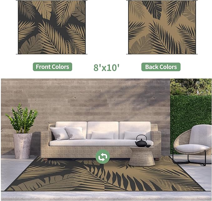 GENIMO Outdoor Rug 8' x 10' Waterproof for Patios Clearance, Reversible Outdoor Plastic Straw Camping Rug Carpet, Large Area Rugs Mats for RV, Camper, Deck, Balcony, Porch, Beach, Picnic, Black&Brown-Ruum Studio Home