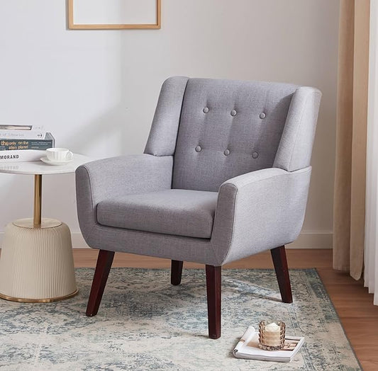 HUIMO Accent Chair Living Room Chair, Upholstered Button Tufted Armchair, Linen Fabric Sofa Chairs for Bedroom, Living Room, Mid Century Modern Comfy Reading Chair (Light Grey)-Ruum Studio Home