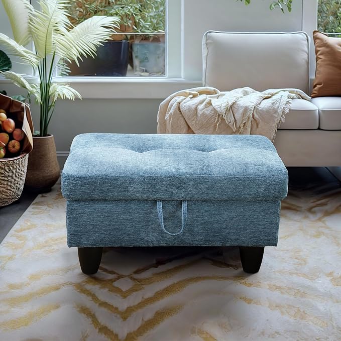 Ottoman Rectangular Storage Ottoman Bench, Flannel Footrest Stool Footstool with Lid for Living Room, Bedroom, Entryway, Light Blue, 28.5"x19"x17.5"-Ruum Studio Home