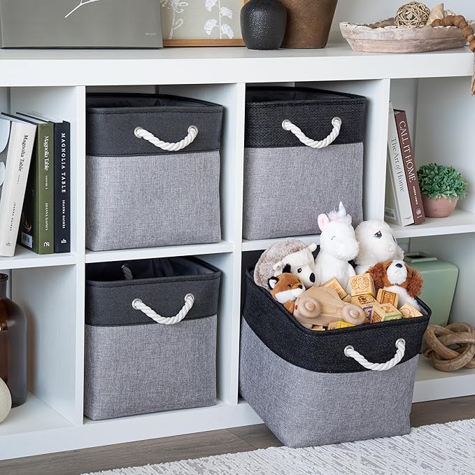OrganiHaus 12x12 Cube Storage Bins 4 Pack, Foldable Cube Storage Organizer w/ Rope Handles, Collapsible Fabric Bins for Toys, Clothes & Closet Organization, Fabric Square Baskets - Gray/Black-Ruum Studio Home