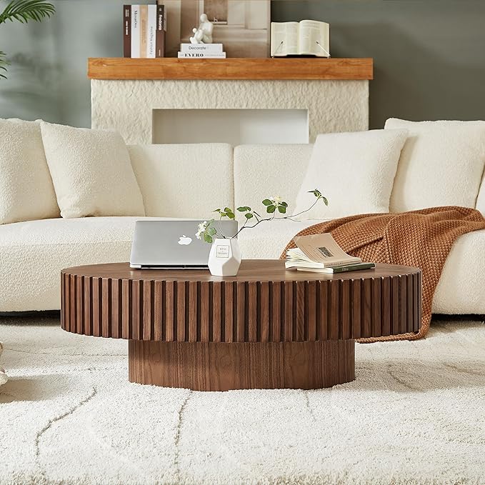 Oval Coffee Table for Living Room, Modern Fluted Coffee Tables with Pedestal Base, Handcrafted Centre Tea Tables Easy Assembly-43.7" Walnut-Ruum Studio Home