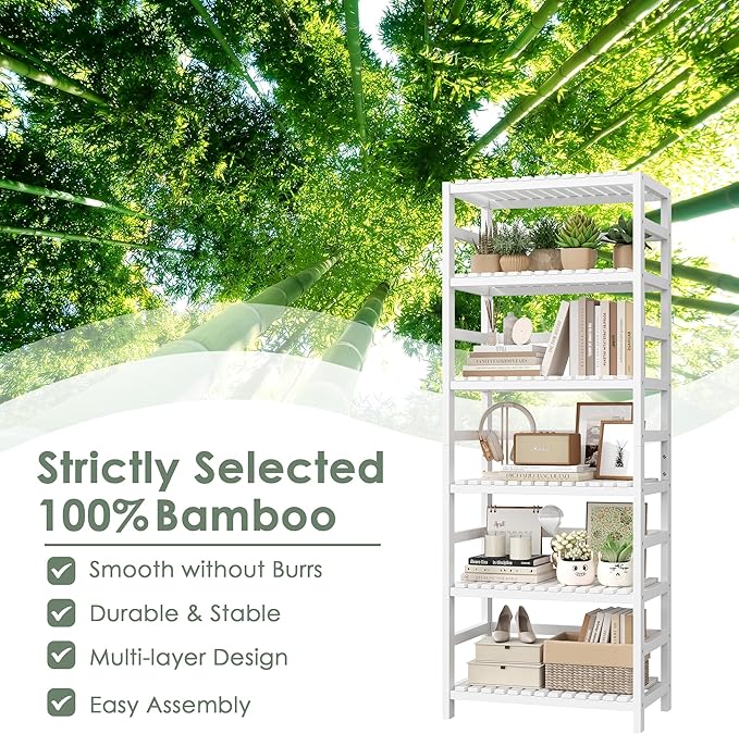 FOTOSOK 6-Tier Bamboo Shelf Set of 2, Bamboo Bookcase with Adjustable Shelves, Free Standing Storage Shelf Unit Plant Flower Stand, Tall Large White Bookshelf for Kitchen, Bathroom, Home Office, White-Ruum Studio Home
