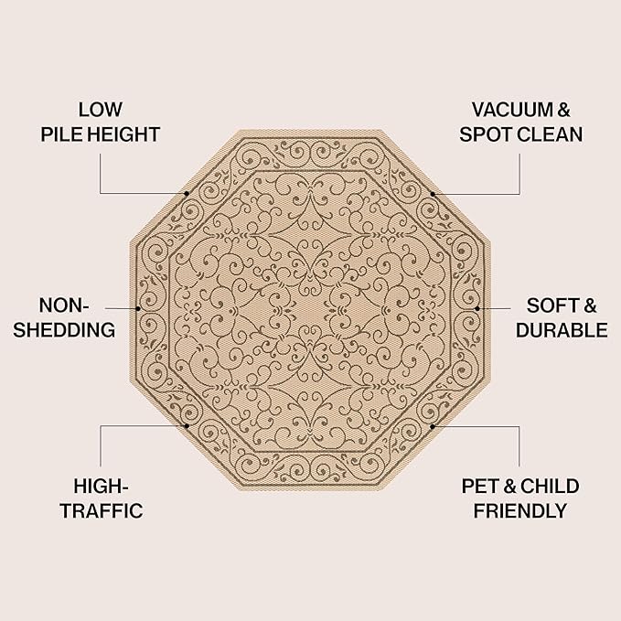JONATHAN Y Vintage Filigree Indoor Outdoor Octagon Area Rug 8 Ft Beige/Brown, Charleston Textured Weave for Backyard, Patio, Porch, Easy-Cleaning, High Traffic, Pet-Friendly Non-Shedding SMB106A-8TGN-Ruum Studio Home