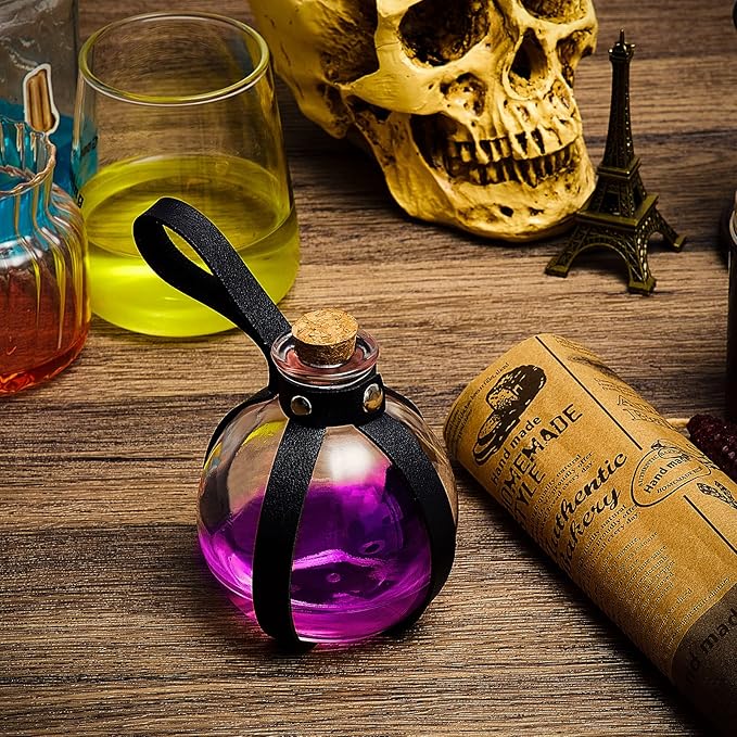 Patelai 2 Pcs Halloween Glass Potion Bottles with Belt Cork Renaissance Witch Costume Accessories Witch Props Potion Bottle for Halloween Party Decor Cosplay DIY Crafts Gift (Black)-Ruum Studio Home