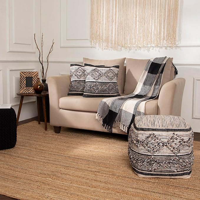 REDEARTH · Tufted Pouf Ottoman with Filler Textured Storage Cube Bean Bag Pouffe Footrest for Indoor; 100% Cotton (17.5"X17.5"X17.5", Black Jasper)-Ruum Studio Home