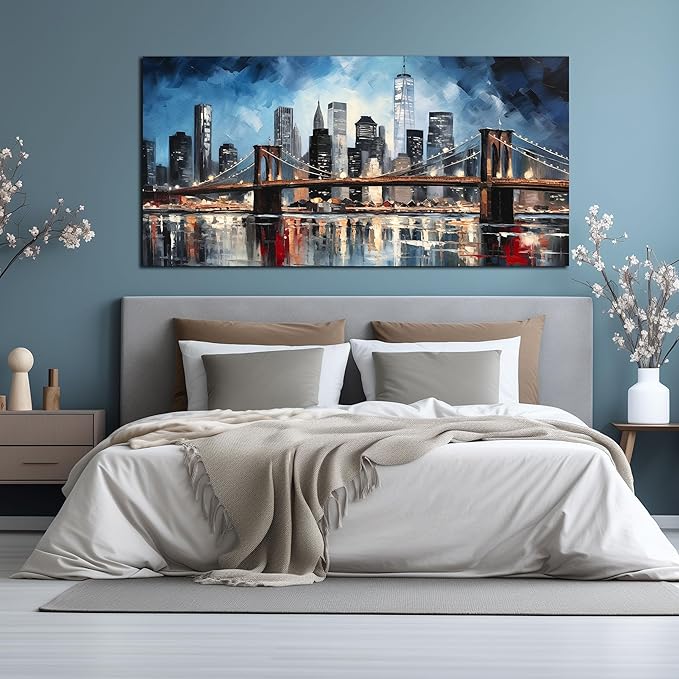 Brooklyn Bridge Wall Art for Bedroom,Modern City Large Canvas Wall Art Living Room,Blue Home Office Decor 29 x 59 Inch-Ruum Studio Home