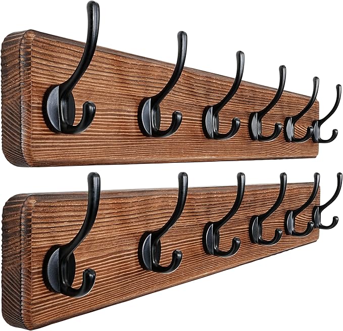 Dseap Wall Mounted Coat Rack: 24" Long, Patented, Heavy-Duty, 6-Double-Hooks Wooden Hanger Rail for Winter Coats, Hat, Jacket, Clothing - Natural & Black, Pack of 2-Ruum Studio Home