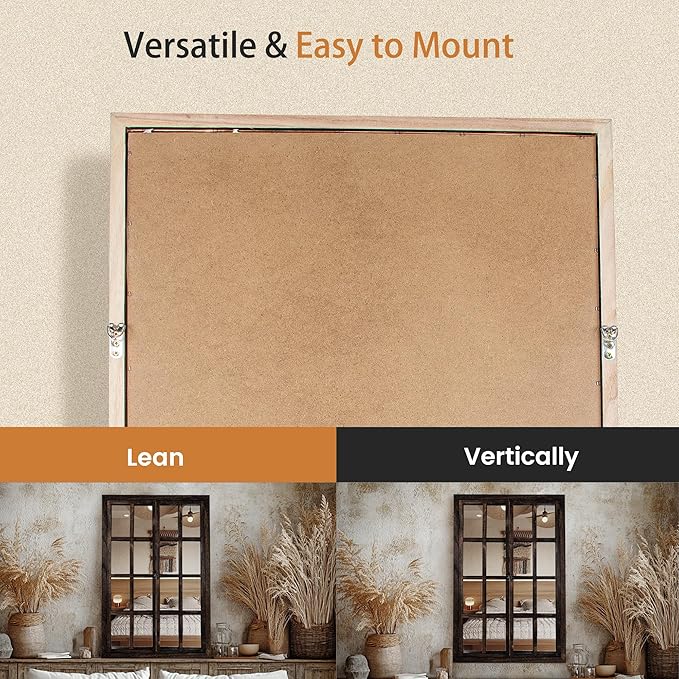 Wall Mirror with Window Design, 38"x26" Rustic Farmhouse Wood Mirror for Wall Decor, Decorative Vintage Mirror for Living Room, Bedroom, Entryway-Ruum Studio Home