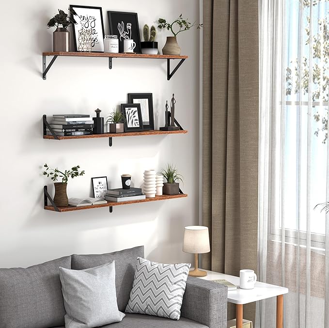 Heimlove Floating Shelves for Wall, 36 Inch Long Wood Floating Bookshelf Set of 3, Wall Mounted Hanging Shelf for Bathroom Bedroom Kitchen, Rustic Brown-Ruum Studio Home