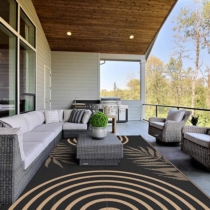 GENIMO Outdoor Rug 9' x 12' Waterproof for Patio Clearance, Reversible Lightweight Plastic Straw Camping Carpet, Large Area Rugs Mats for Rv, Backyard, Deck, Porch, Picnic, Balcony, Mix-Black & Brown-Ruum Studio Home