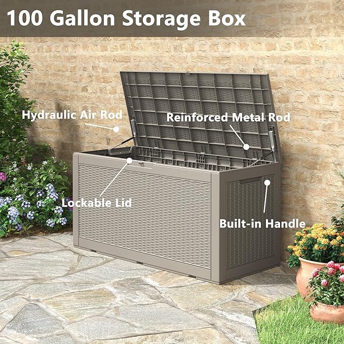 100 Gallon Deck Box Lockable Resin Outdoor Storage Box waterproof Outdoor Container for Patio Furniture Cushions, Pillow-Ruum Studio Home