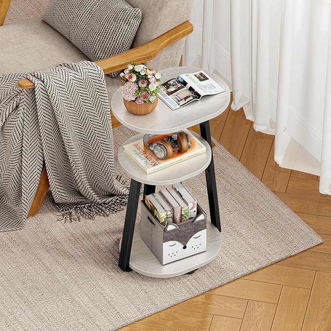 Side Table, Small End Table with Metal Frame, 3-Tier Bedside Tables, Round Side Tables for Living Room Bedroom Couch Bathroom, Oval, White Maple-Ruum Studio Home