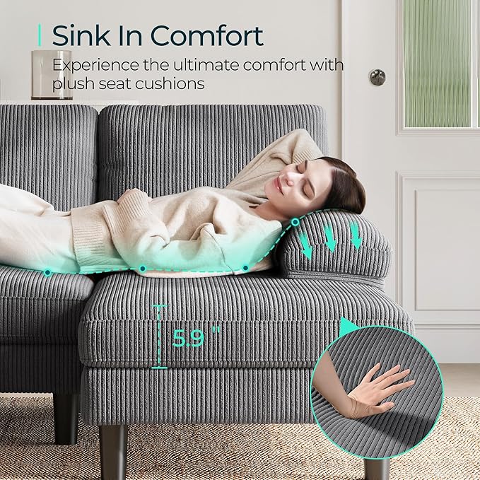 LINSY HOME Sectional Couch, 111'' W Corduroy U Shaped Sofa with Sleepable Armrests, 4 Seat Couch with Double Chaises, Deep Sofa for Living Room, Grey-Ruum Studio Home