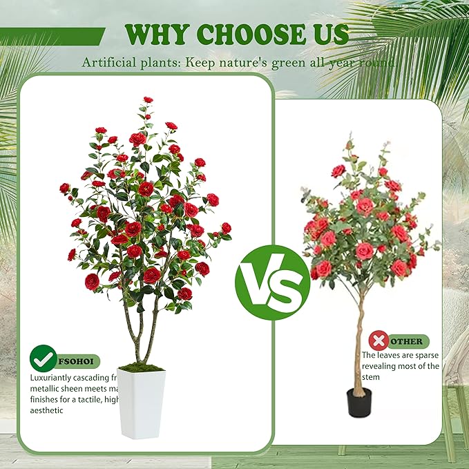 Artificial Camellia Tree 6FT Faux Trees Indoor Fake Floral Plant Blooming Tree with Red Flowers & White Tall Planter, Faux Camellia Plants for Porch Home Room Bedroom Office Front Door Outdoor Decor-Ruum Studio Home