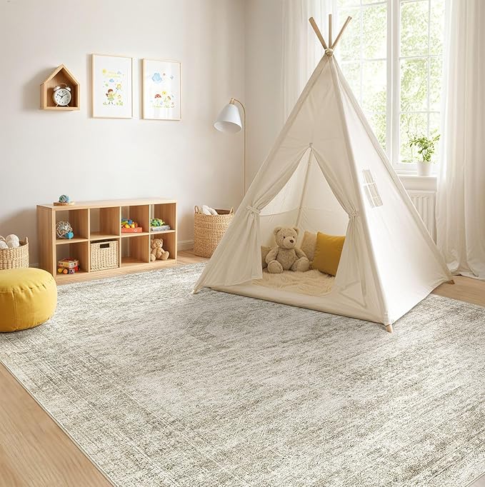 Washable Area Rugs for Living Room -9x12 Neutral Vintage Distressed Floral Farmhouse Boho Large Soft Floor Rug Indoor Non Slip Carpet for Living Room Bedroom Dining Room Office - Beige-Ruum Studio Home