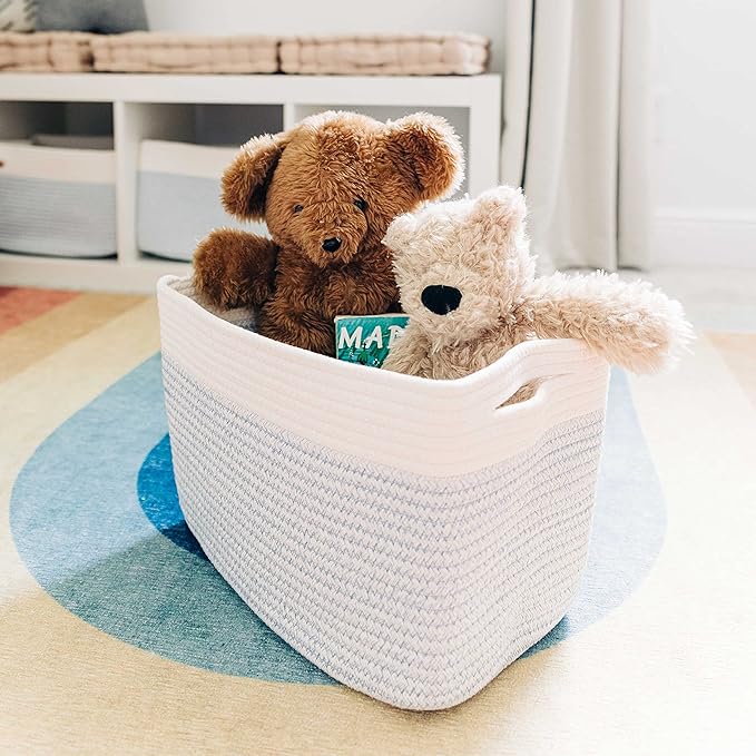 OrganiHaus Woven Storage Baskets for Organizing, Cotton Rope Organizer Bins for Shelves, Closet & Nursery, Dog Toy Basket, Decorative Bins for Toys, Towels & Books - 15x10x9, Blue/Off-White-Ruum Studio Home