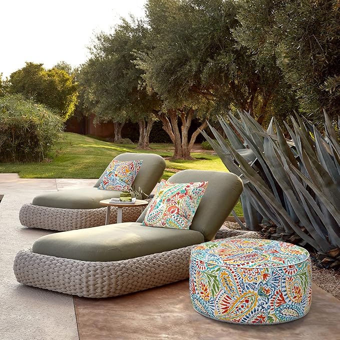 LVTXIII Indoor/Outdoor Inflatable Ottoman, D31 x H14 Inch Large Round Ottoman, All Weather Foot Rest Stool, Portable Footrest for Patio, Garden, Camping and Home - Paisley Multi-Ruum Studio Home