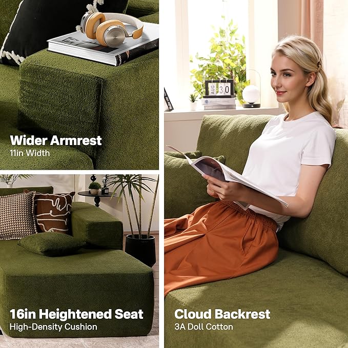 104" Cloud Sectional Couches for Living Room,L Shaped Boneless Couch in A Box,Sleeper Sofa with Comfy Chaise No Assembly Required,Green-Ruum Studio Home