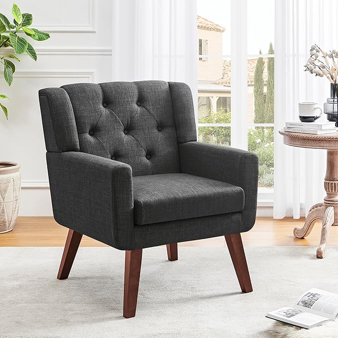 Accent Chair Button-Tufted Upholstered Living Room Chairs Comfy Reading Chair Mid Century Modern Chair with Linen Fabric Lounge Arm Chairs for Living Room Bedroom (Dark Grey)-Ruum Studio Home