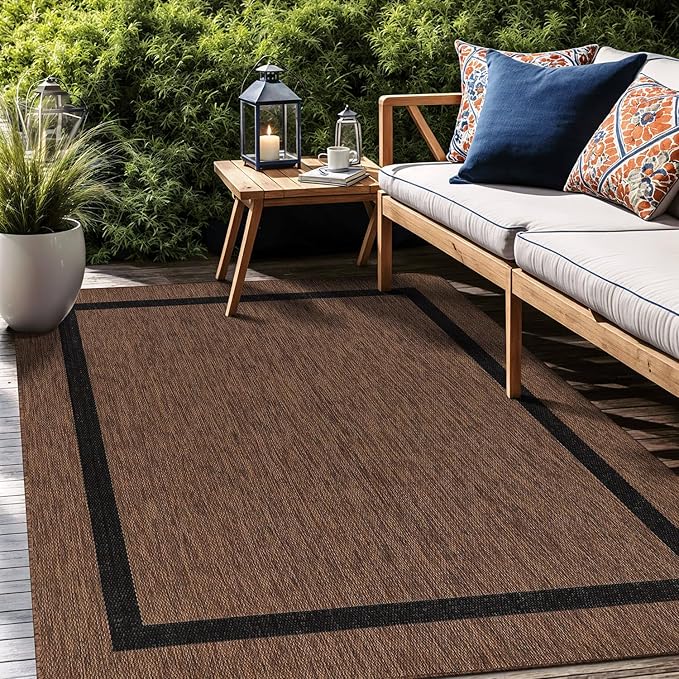Bordered Outdoor Rug 5x7 Washable Outside Carpet for Indoor Patio Porch Waterproof Easy Cleaning Non Shedding Area Rugs Nut Brown - Black 5 x 7-Ruum Studio Home