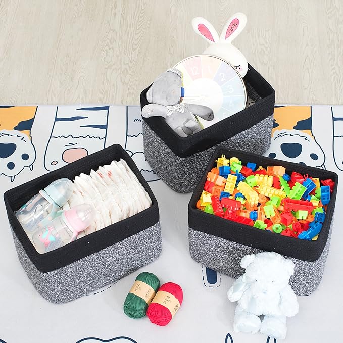 MINTWOOD Design 3-Pack Storage Baskets for Shelves, Playroom and Classroom Storage Basket, Book Basket, Decorative Storage Cube Bins, Woven Closet Organizers, Pantry and Shoe Organizer, Black Grey Mix-Ruum Studio Home