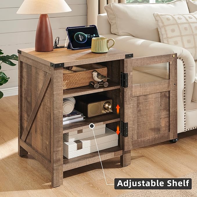 JXQTLINGMU Farmhouse End Table with Charging Station, 18'' Rustic Nightstand with Barn Door & Adjustable Shelf, Wooden Sofa Side Table with 3-Tier Storage for Living Room, Bedroom, Warm Brown-Ruum Studio Home