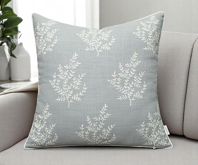 VAGMINE Embroidered Leaves Throw Pillow Cover - 20x20 Inches Square - 100% Cotton Robins Egg Cushion Cover - Textured Embroidery - Chic Coastal Home Accent for Sofa, Lounge, Farmhouse Decor-Ruum Studio Home