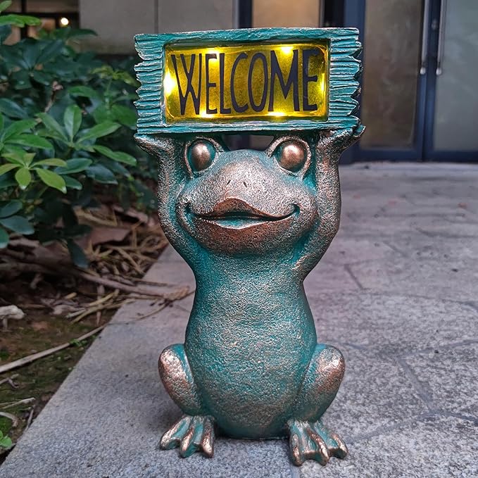Frog Solar Welcome Garden Statues Outdoor Décor- Frog Figurines Solar LED Light Lawn Ornaments - Yard Decorations for Patio, Balcony, Backyard -Unique House Warming Gifts for Mom-Ruum Studio Home
