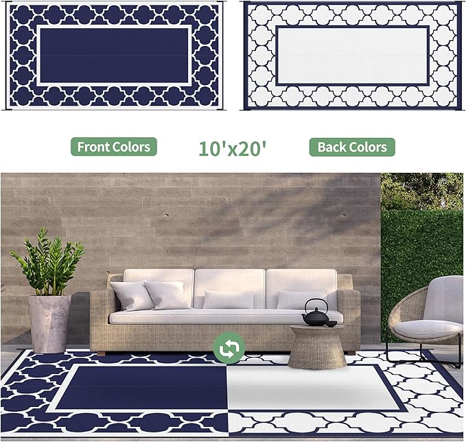 GENIMO 10 ' x 20 ' Outdoor Rug Waterproof for Patio Decor, Foldable Reversible Plastic Straw Area Rugs Mat for Camper, Outside Carpet for Rv, Deck, Porch, Picnic, Beach, Balcony, Blue & White-Ruum Studio Home