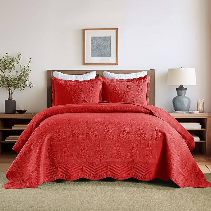 MarCielo 3-Piece Christmas Quilt 100% Cotton Oversized Bedspread Lightweight Coverlet Embroidery Christmas Tree Pattern Bedding Set (TC Red, Oversized King (118"x106"))-Ruum Studio Home