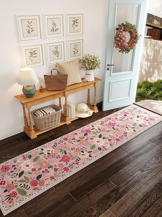 Runners for Hallways Kitchen Runner Rug Non Slip 2'x 10' Long Washable Rugs with Rubber Backing Soft Floral Carpet Runner for Hallways, Kitchen, Laundry, Bedroom, Bathroom(Pink)-Ruum Studio Home