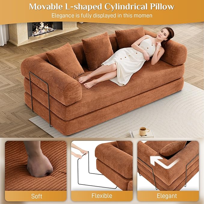 Convertible Sleeper Sofa Bed with Pillow, 4-in-1 Corduroy Folding Mattress Couch with Fixed-Shape Frame, Futon Fold Out Floor Sofa Cama Lounge Couch for Living Room Bedroom, Orange-Ruum Studio Home