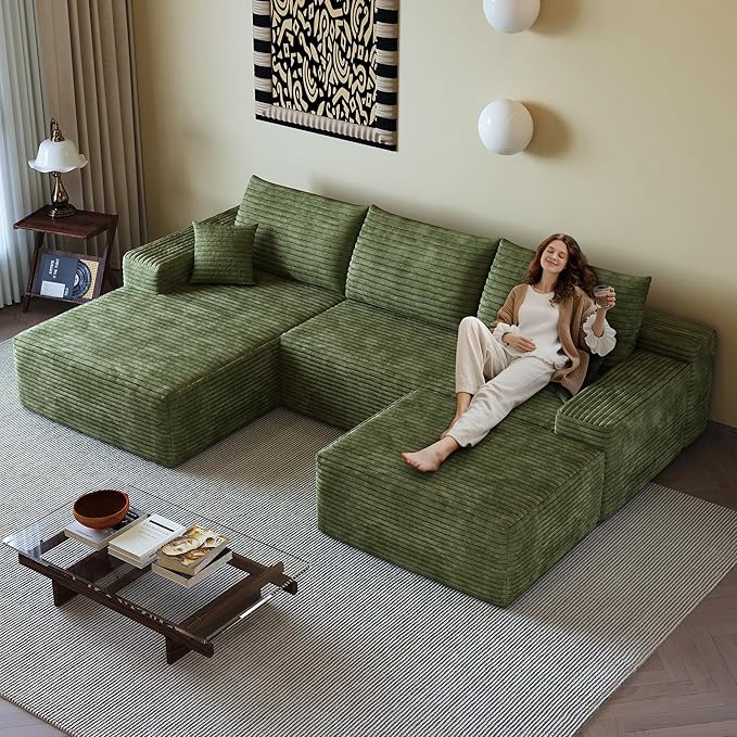 108" Sectional Couches for Living Room Modern Modular Sofa with L-Shape Couchs Upholstered Boneless Couch Deep Seat Sectional Couch with Chaise (Green, Left Facing Chaise+2Seaters+1Ottoman)-Ruum Studio Home