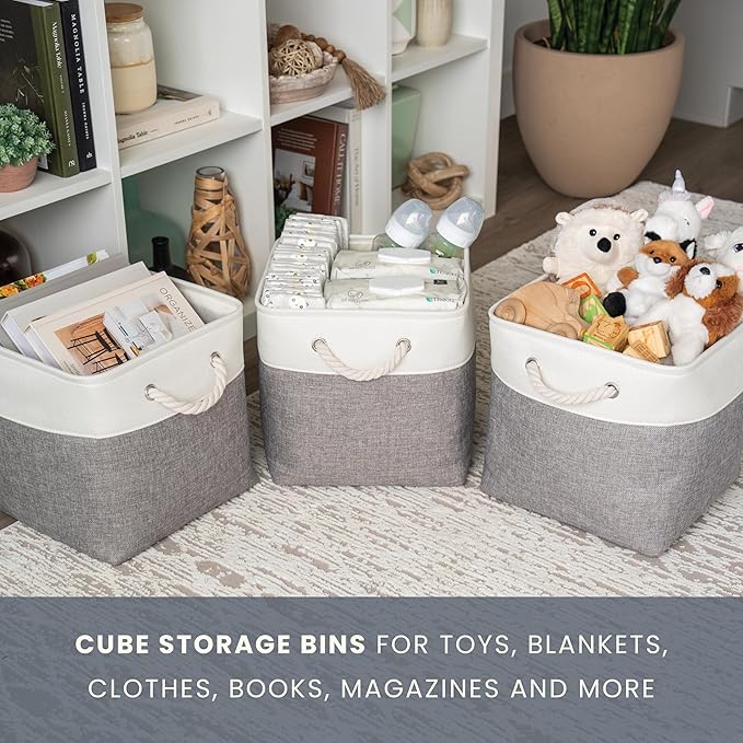 OrganiHaus 11x11 Cube Storage Bins 4 Pack, Foldable Cube Storage Organizer w/ Rope Handles, Collapsible Fabric Bins for Toys, Clothes & Closet Organization, Fabric Square Baskets - Gray/White-Ruum Studio Home