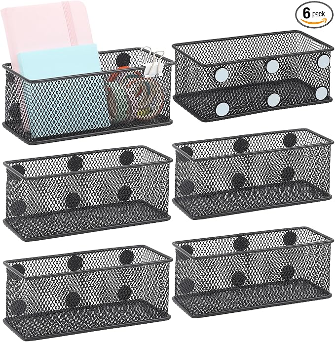 EASEPRES Magnetic Pencil Holder Set of 6 - Black Wire Mesh Storage Baskets Organizer with Strong Magnets - Perfect for Whiteboard, Refrigerator and Locker Accessories-Ruum Studio Home
