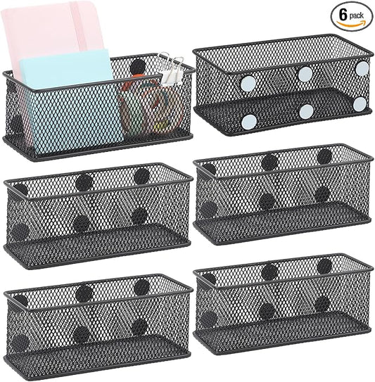 EASEPRES Magnetic Pencil Holder Set of 6 - Black Wire Mesh Storage Baskets Organizer with Strong Magnets - Perfect for Whiteboard, Refrigerator and Locker Accessories-Ruum Studio Home
