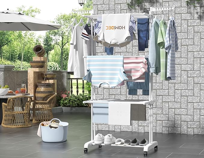 HOMIDEC Clothes Drying Rack, Large 4-Tier Foldable Drying Rack Clothing(67.7H x 19.7W x 30L Inches), Movable Drying Rack with 4 castors. Multifunctional Stainless Steel Laundry Drying Rack, White-Ruum Studio Home